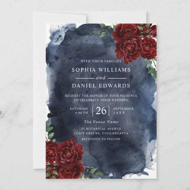 Invitación Romántico Boda de Rosa Roja y Acuarela Naval (Anverso)