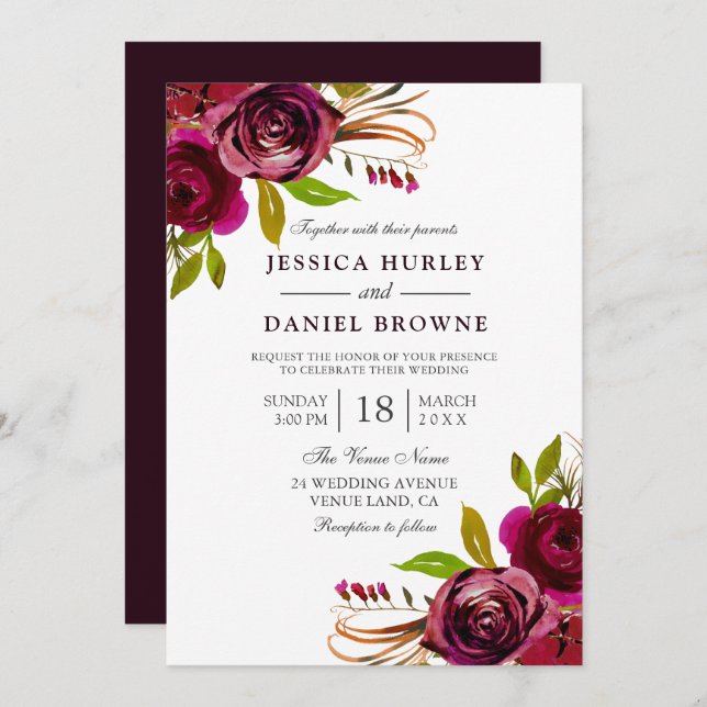 Invitación Romántico Boda de Rosas Rojas de Borgoña Profunda (Anverso / Reverso)