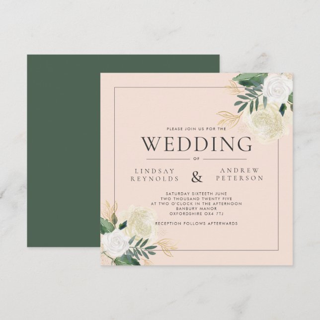 Invitación Romántico Boda de Rubor y Green Purpurina Square (Anverso / Reverso)