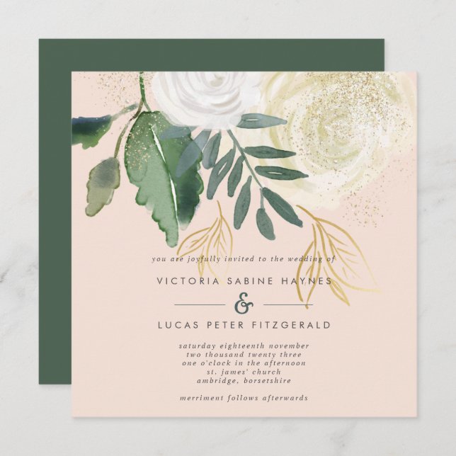 Invitación Romántico Boda de Rubor y Green Square (Anverso / Reverso)