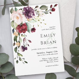 Invitación Romántico Boda de Rubor y Pluma de Borgoña