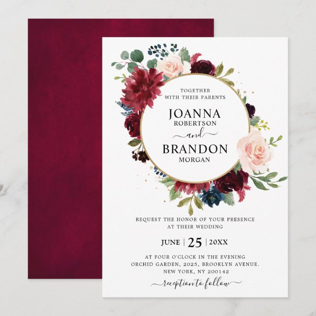 Invitación Romántico Boda floral azul de la Marina Rubor de B (Anverso / Reverso)