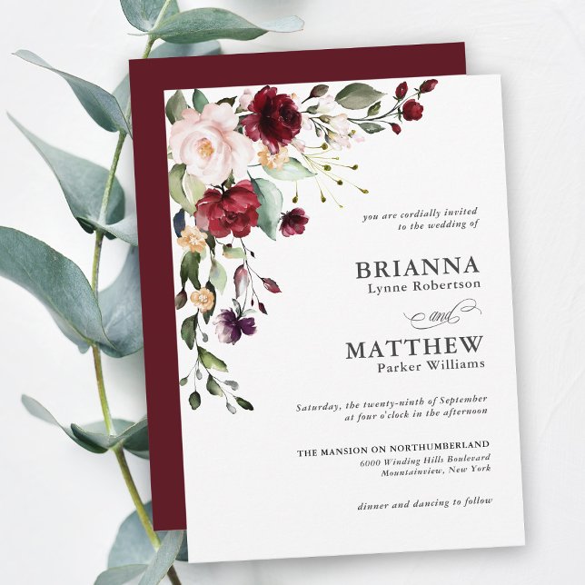 Invitación Romántico Boda floral de ciruela verde borgoñona R (Subido por el creador)