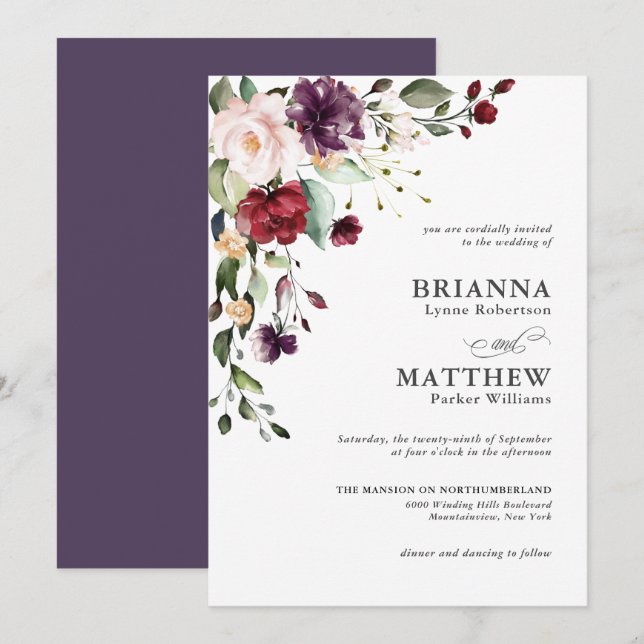 Invitación Romántico Boda floral de ciruela verde borgoñona R (Anverso / Reverso)