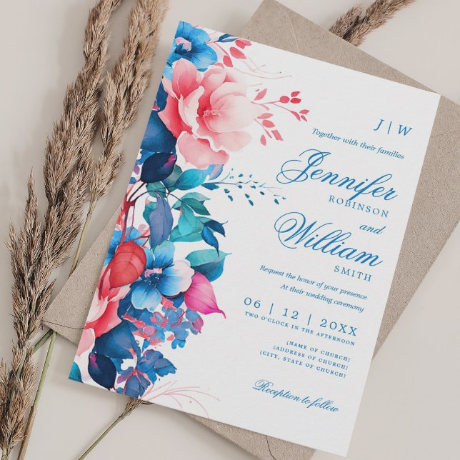 Invitación Romántico Boda Floral Elegante Guión Azul Rosa (Romantic Floral Wedding Elegant Script Blue Pink Invitation)