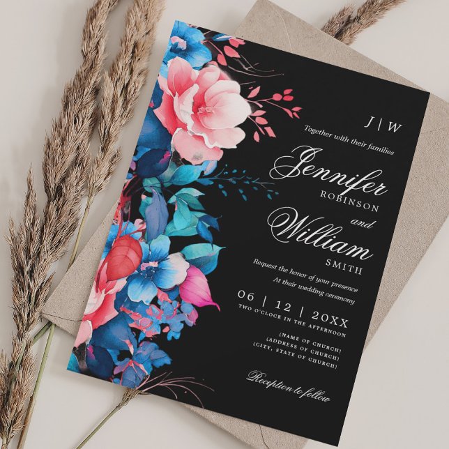 Invitación Romántico Boda Floral Elegante Script Azul Negro (Romantic Floral Wedding Elegant Script Blue Black Invitation)