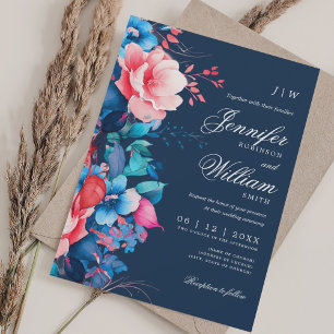 Invitación Romántico Boda Floral Elegante Script Naval Azul