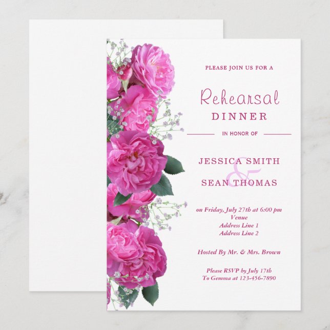 Invitación Romántico Boda Floral Ensayo Cena (Anverso / Reverso)