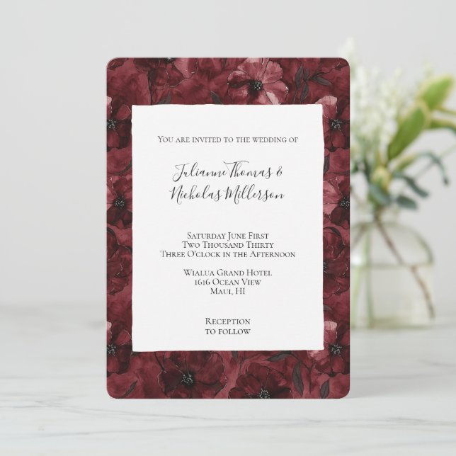 Invitación Romántico Boda Floral Rojo Borgoña (Anverso de pie)