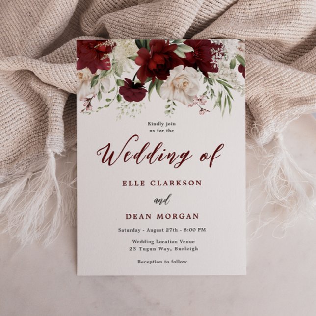 Invitación Romántico Boda floral rojo y blanco de Borgoña (Subido por el creador)