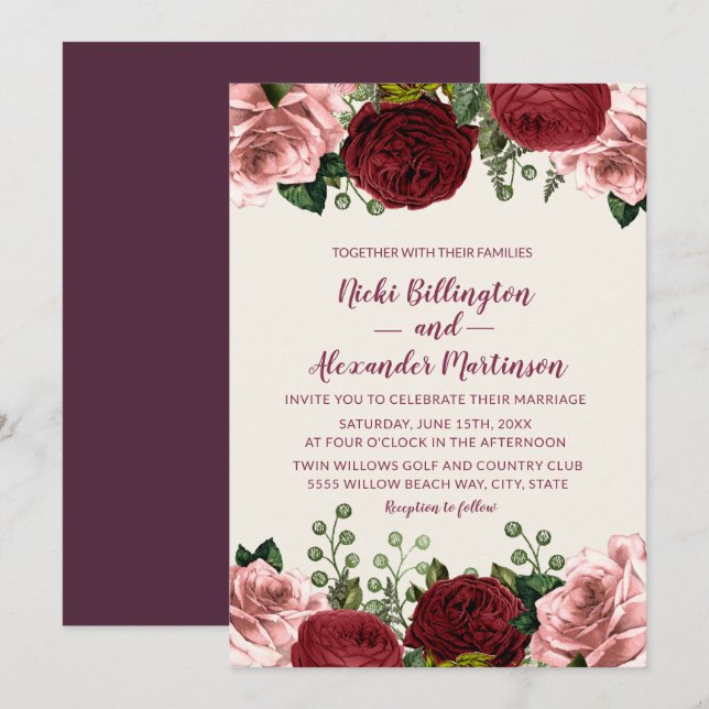 Invitación Romántico Boda floral rosa Rubor Borgoña (Anverso / Reverso)