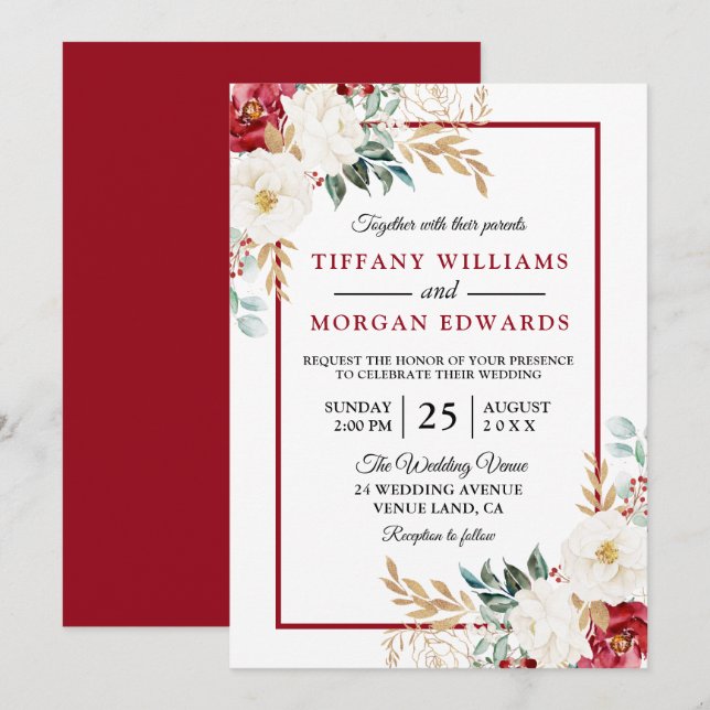 Invitación Romántico Boda Floral Verde Blanco Rojo (Anverso / Reverso)