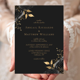 Invitación Romántico Boda negro de oro floral oscuro