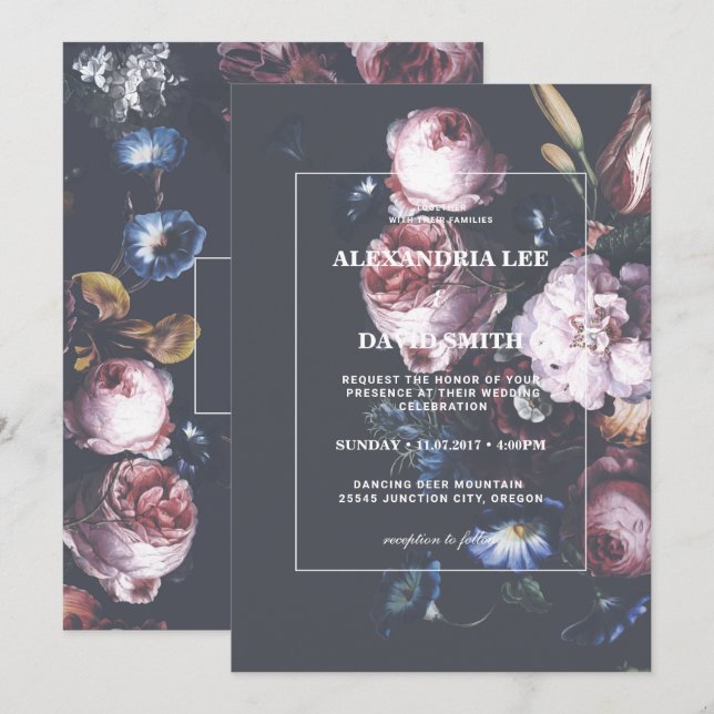 Invitación Romántico Boda Oscuro Moody Pink Florals (Anverso / Reverso)