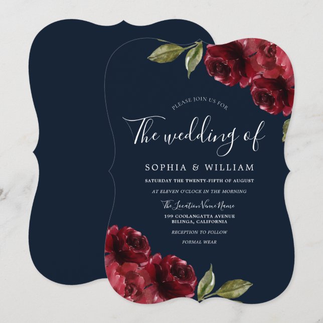 Invitación Romántico Boda Rojo Borgoña y Azul de la Marina (Anverso / Reverso)
