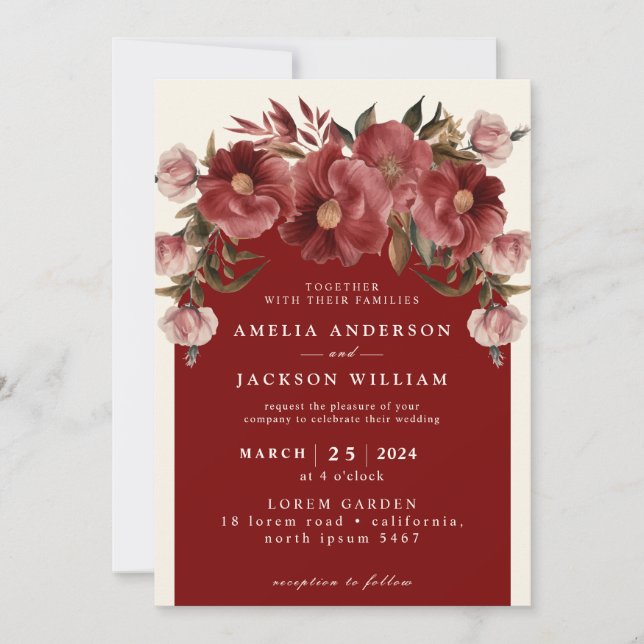 Invitación Romántico Boda rojo y rosa negro de Borgoña (Anverso)