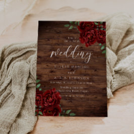 Invitación Romántico Boda Rústico de Madera Rústica Rosa Roja