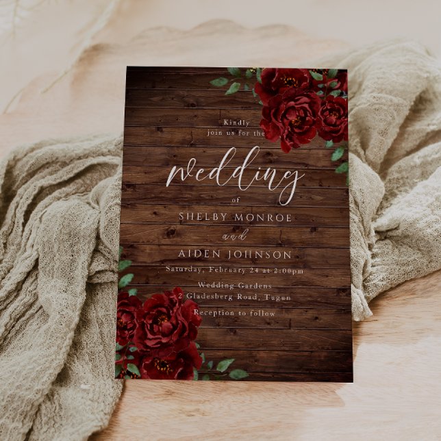 Invitación Romántico Boda Rústico de Madera Rústica Rosa Roja (Subido por el creador)