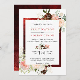 Invitación Romántico Boda Rústico Floral Rosa de Borgoña Rubo