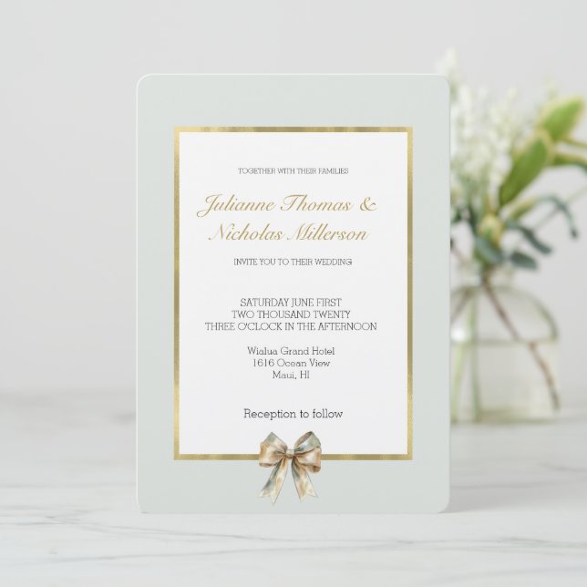 Invitación Romántico Boda Rústico Verde de Oro Blanco (Anverso de pie)