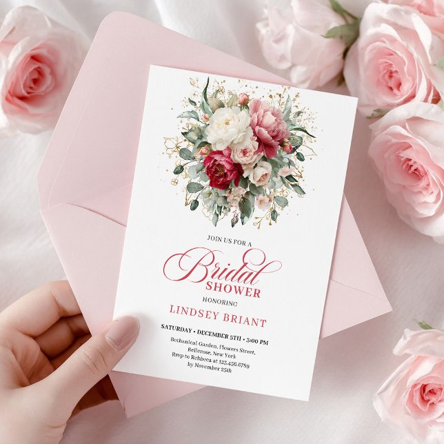 Invitación Romántico Bohemio Rojo Blanco Verde Despedida de S (Romantic Bohemian Red White Greenery Bridal Shower)