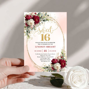 Invitación Romántico Boho Borgoña Dorado Floral Dulces Diecis