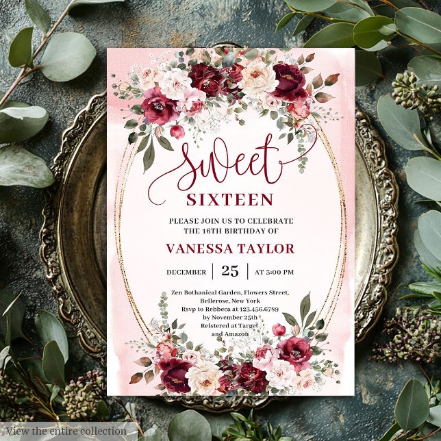 Invitación Romántico Boho Borgoña Rubor Floral Dulces Diecisé (Romantic Burgundy Blush Floral Sweet Sixteen Invite

)