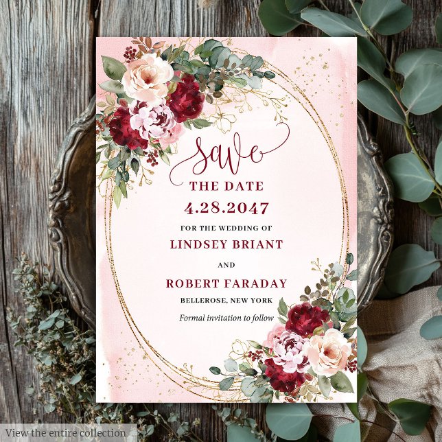 Invitación Romántico Boho Borgoña Rubor Flores Doradas Salva  (Romantic Boho Maroon Blush Gold Flowers Save Date)