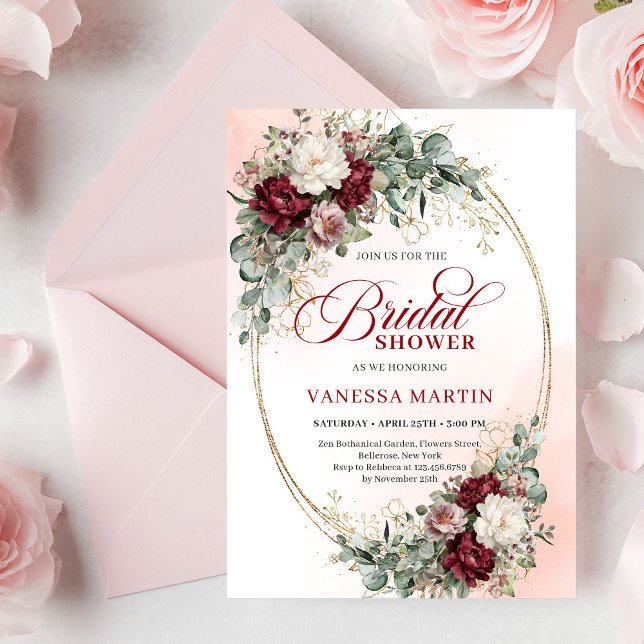 Invitación Romántico Boho Borgoña Verde Dorado Bridal Shower (Romantic Burgundy Greenery Gold Bridal Shower Invite)