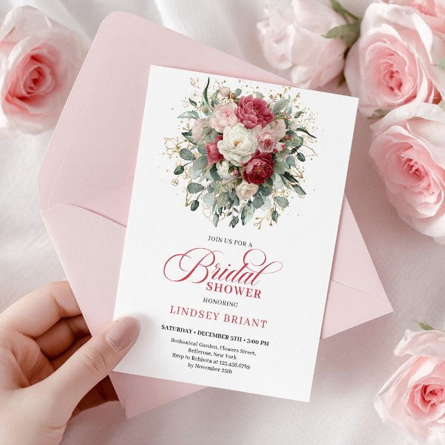 Invitación Romántico Boho Carmesí Rubor Oro Floral Nupcial  (Romantic Boho Crimson Blush Gold Floral Bridal Shower

)