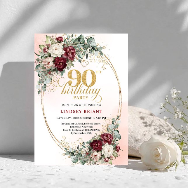 Invitación Romántico Boho Flores Rojas Profundas Cumpleaños 9 (Romantic Deep Red Flowers Gold 90th Birthday Invite)