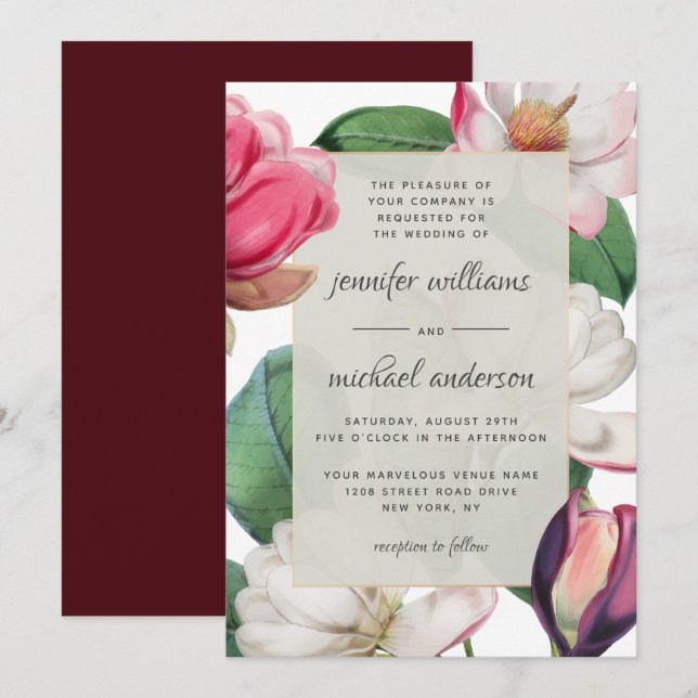 Invitación Romántico Boho Magnolia Florece Elegante Floral (Anverso / Reverso)