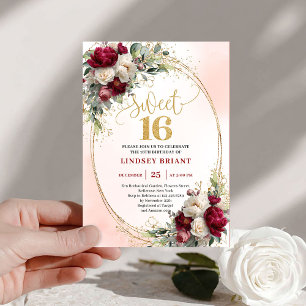 Invitación Romántico Boho Merlot Dorado Floral Dulces Diecisé
