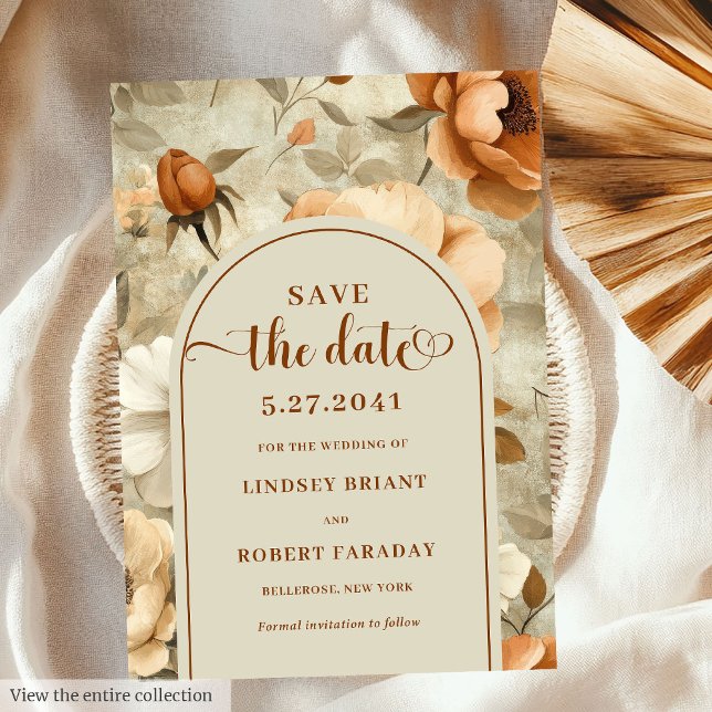 Invitación Romántico Boho Óxido Marfil Floral Guardar La Fech (Romantic Boho Rust Ivory Floral Save The Date)