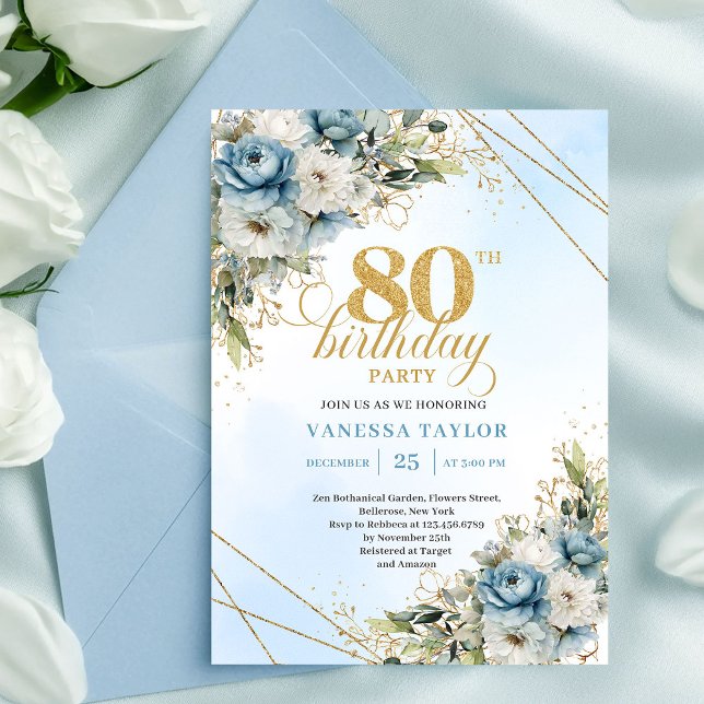 Invitación Romántico Boho Polvoriento Cumpleaños 80 Azul Flor (Romantic Dusty Blue Floral Gold 80th Birthday Invite XL

)