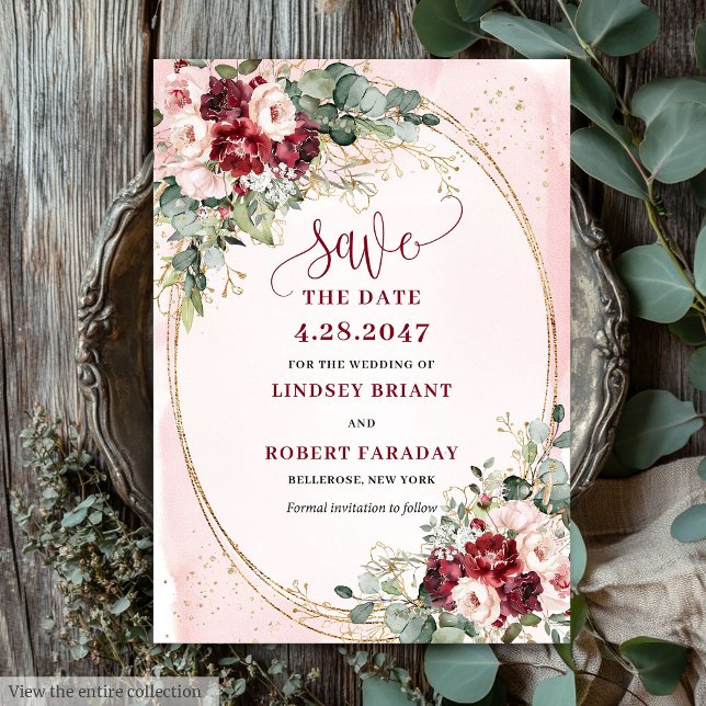 Invitación Romántico Boho Rojo Intenso Rubor Dorado Floral Gu (Romantic Boho Deep Red Blush Gold Floral Save It)