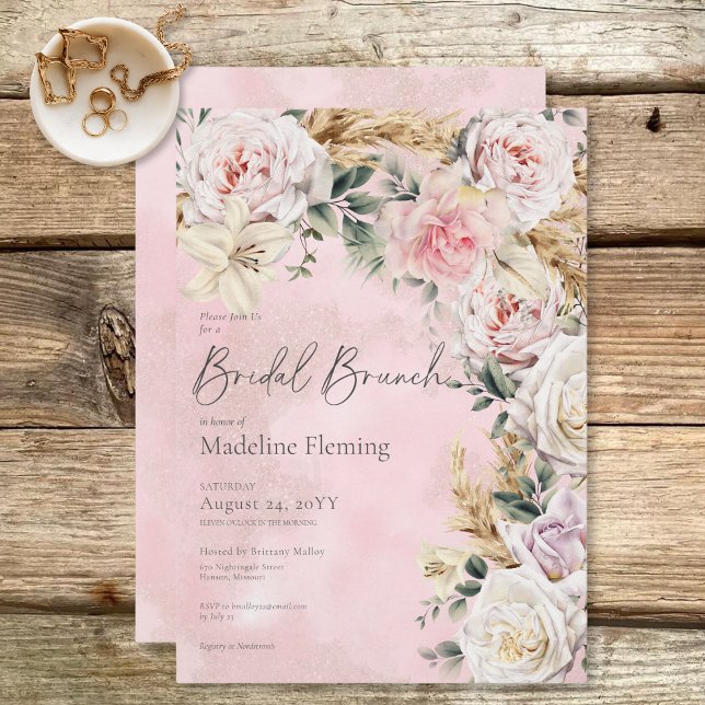 Invitación Romántico Boho Rosa y Pampas Brunch Bridal (Romantic Boho Pink Roses & Pampas Bridal Brunch Invitation)