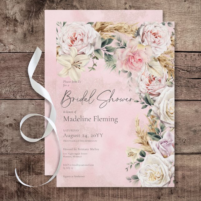 Invitación Romántico Boho Rosa y Pampas Ducha de Novias (Romantic Boho Pink Roses & Pampas Bridal Shower Invitation)