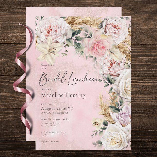 Invitación Romántico Boho Roses rosados y Pampas Noche Lunche (Romantic Boho Pink Roses & Pampas Bridal Luncheon Invitation)