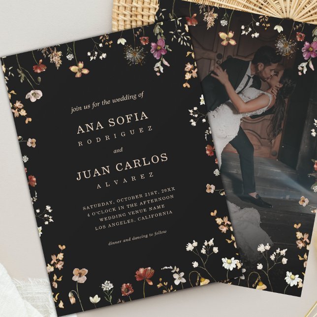 Invitación Romántico Boho Wildflower Garden Foto Boda oscuro (Subido por el creador)