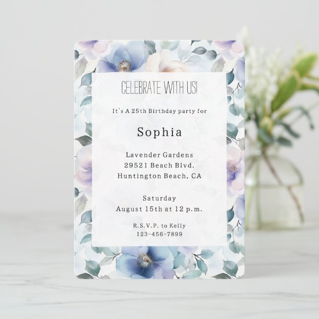 Invitación Romántico Bonito Lavanda Flores Cumpleaños (Anverso de pie)
