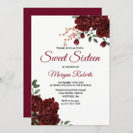 Invitación Romántico Borgoña Rojo Rosa Floral Dulce 16 Invite
