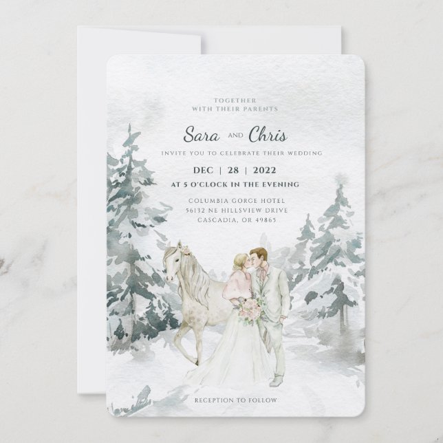 Invitación Romántico bosque de invierno nevado con novia y no (Anverso)