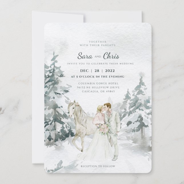 Invitación Romántico bosque de invierno nevado con novia y no (Anverso)