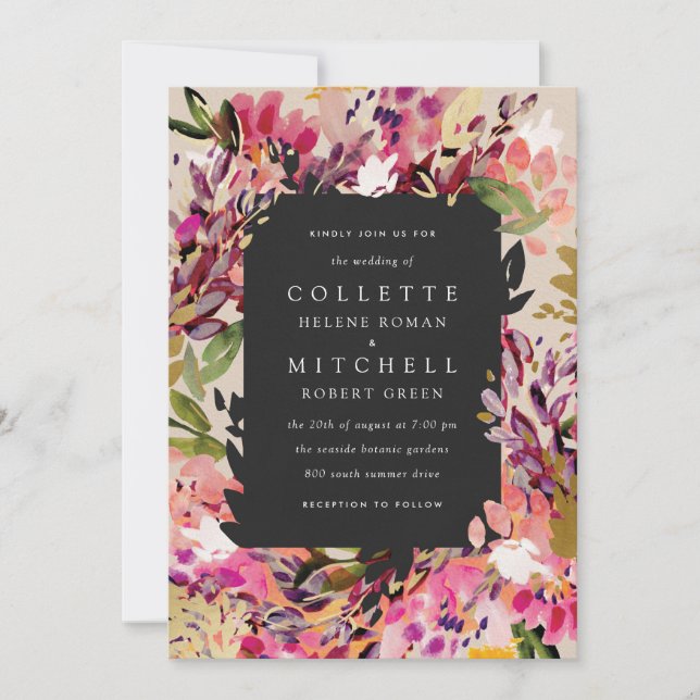 Invitación Romántico Bouquet Hot Pink Black Gold Boda (Anverso)