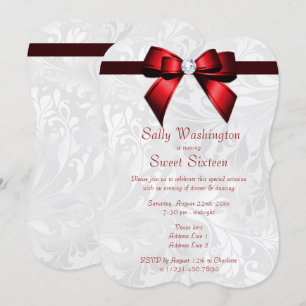 Invitación Romántico Bow de Diamante Rojo y Dama Dulce 16
