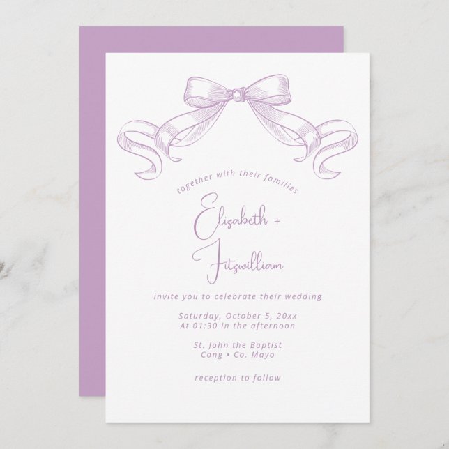 Invitación Romántico Bow | Delantero Lilac + Boda posterior (Anverso / Reverso)