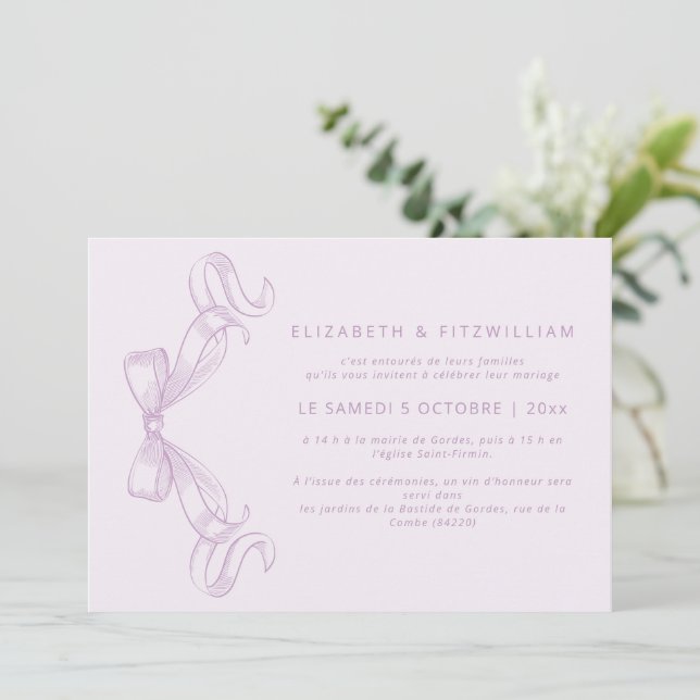 Invitación Romántico Bow | Lilac Boda francés (Anverso de pie)