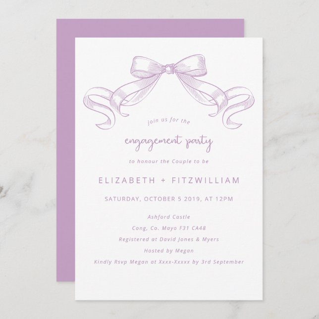 Invitación Romántico Bow | Lilac Engagement Party (Anverso / Reverso)