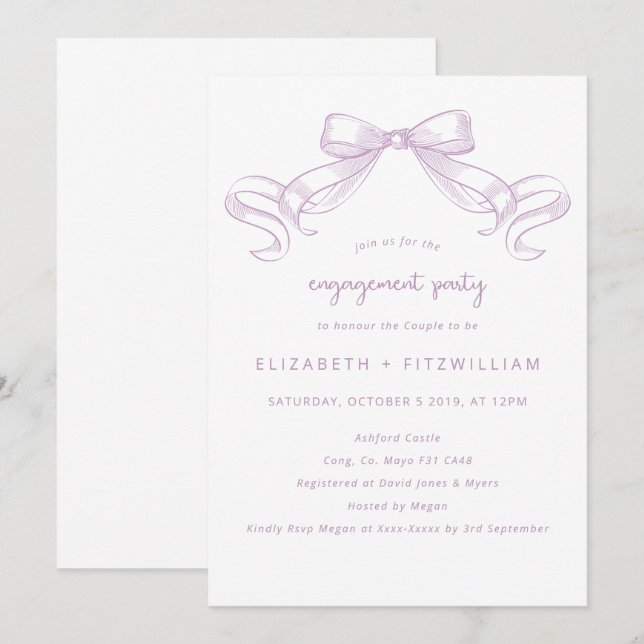 Invitación Romántico Bow | Lilac Engagement Party (Anverso / Reverso)